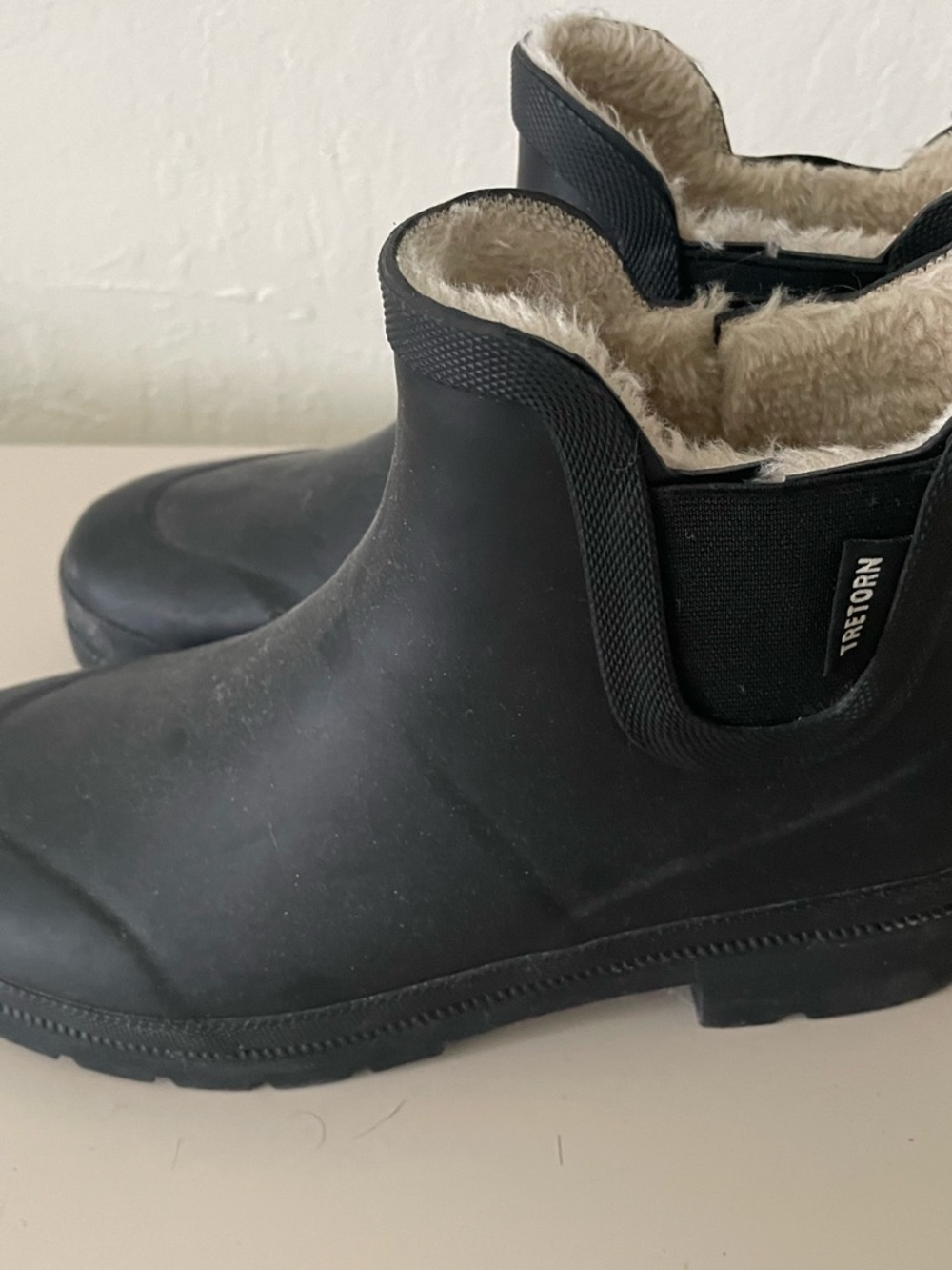 Tretorn Black Rain Ankle Booties with Cream Shearling
